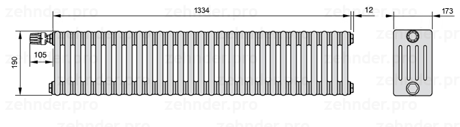 Схема (чертеж) Радиатор Zehnder Charleston 5019/29 №V011 Белый глянцевый RAL 9016